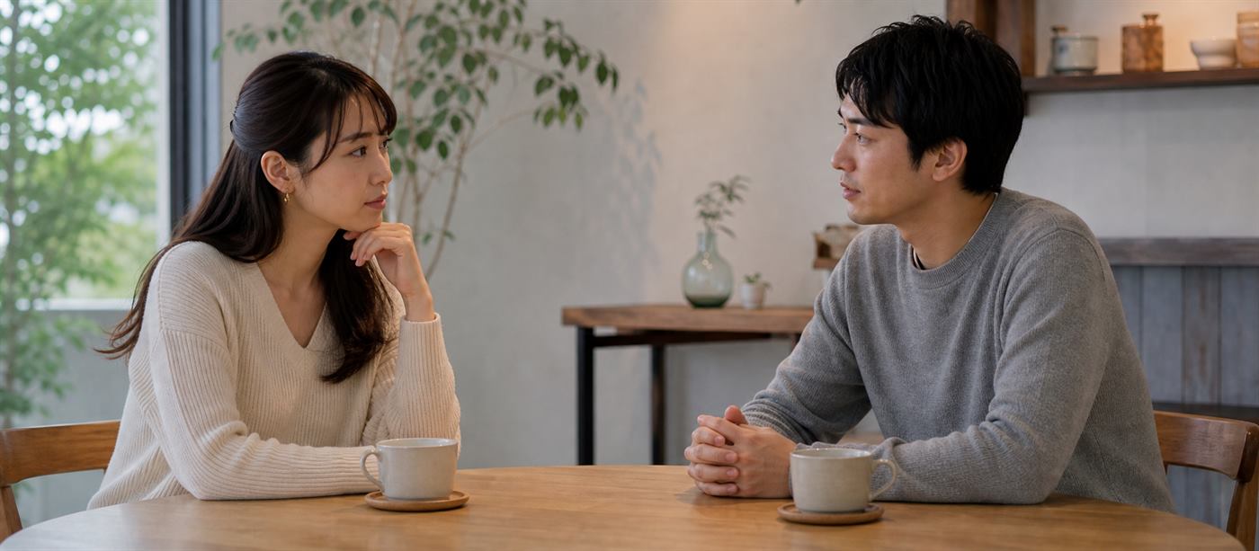 態度や会話の変化について落ち着いて話し合う日本人の男女