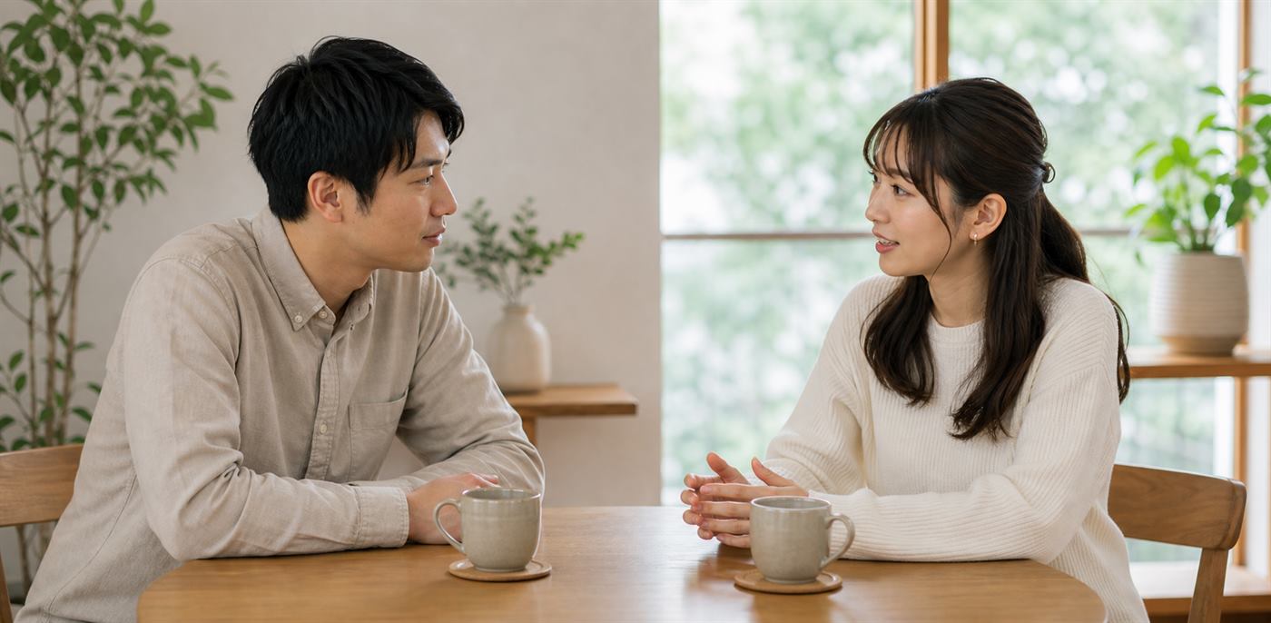 本命か確認するために落ち着いて話し合う日本人の男女