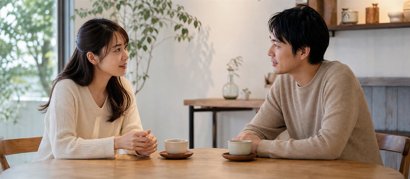 落ち着いて向き合いながら会話する二人