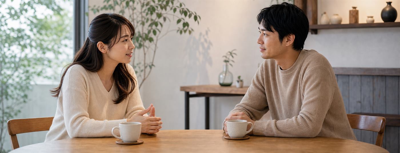 二股不安について落ち着いて話し合う日本人の男女
